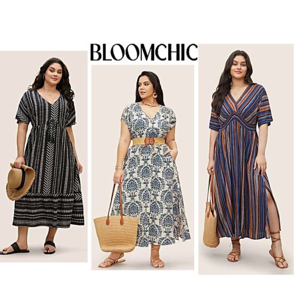 BloomChic Mixed-Pattern Midi Dress Trio in Black, White & Multicolor Stripes